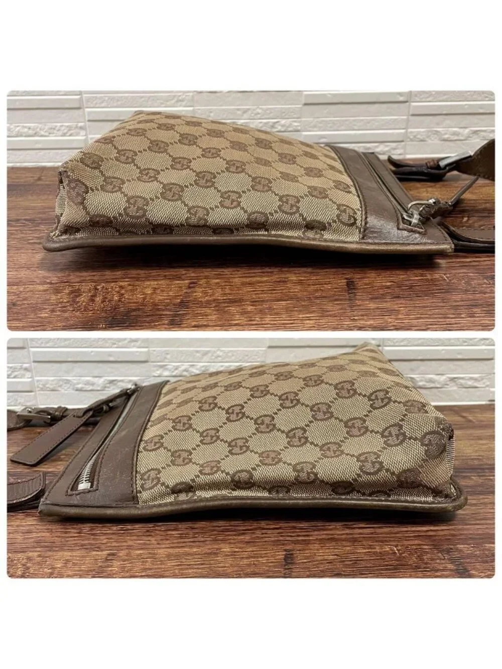 Gucci GG Canvas Leather Shoulder Bag Messenger Brown